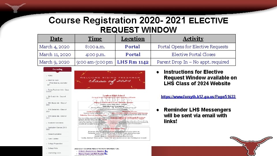 Course Registration 2020 - 2021 ELECTIVE REQUEST WINDOW Date Time Location March 4, 2020