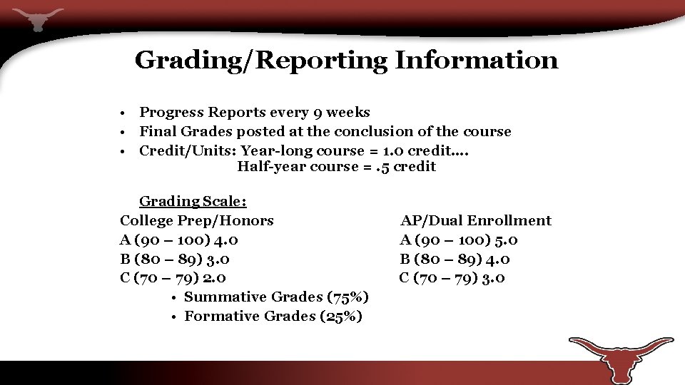Grading/Reporting Information • Progress Reports every 9 weeks • Final Grades posted at the