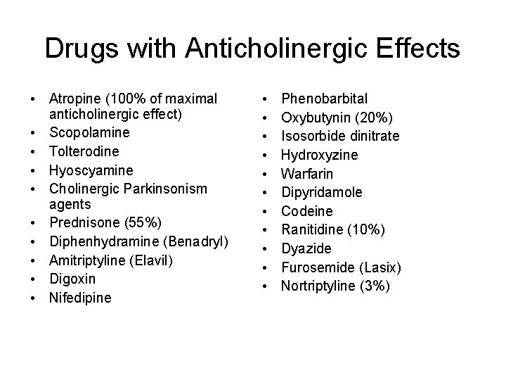 Drugs with Anticholinergic Effects • Atropine (100% of maximal anticholinergic effect) • Scopolamine •
