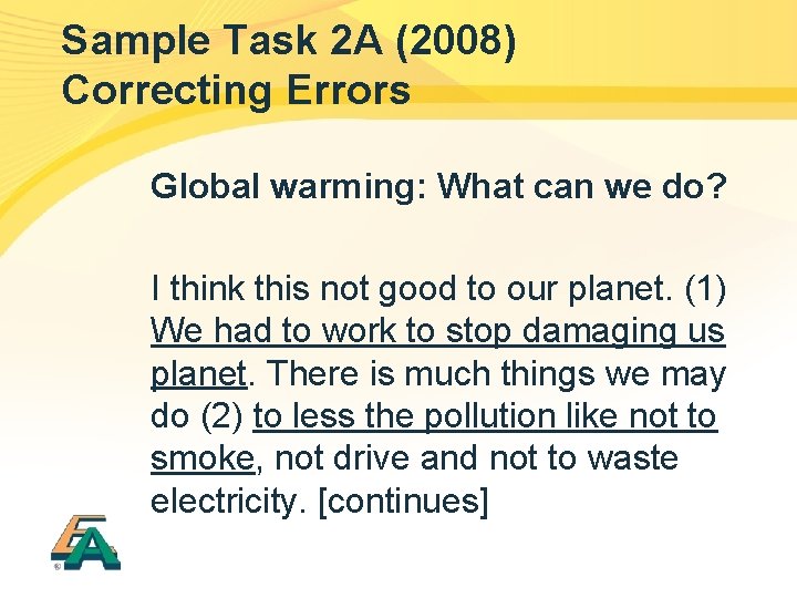 Sample Task 2 A (2008) Correcting Errors Global warming: What can we do? I