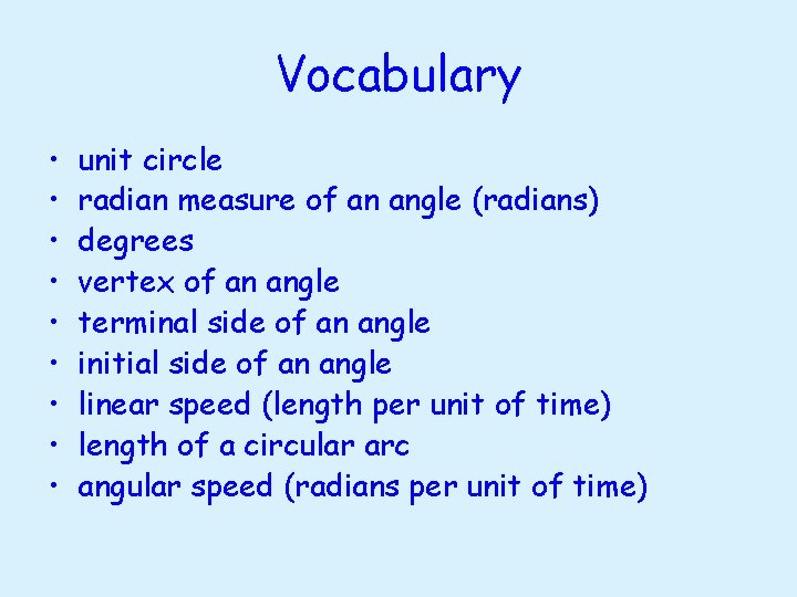 Vocabulary • • • unit circle radian measure of an angle (radians) degrees vertex