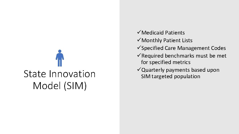 State Innovation Model (SIM) üMedicaid Patients üMonthly Patient Lists üSpecified Care Management Codes üRequired