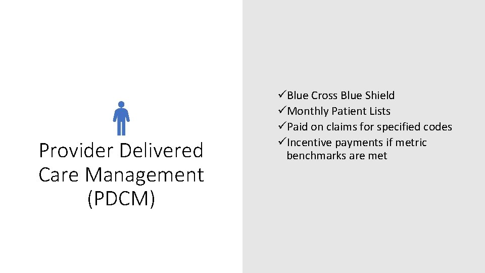 Provider Delivered Care Management (PDCM) üBlue Cross Blue Shield üMonthly Patient Lists üPaid on