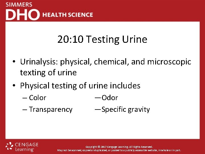 20: 10 Testing Urine • Urinalysis: physical, chemical, and microscopic texting of urine •