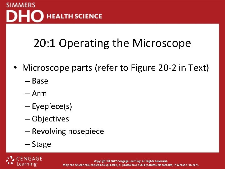 20: 1 Operating the Microscope • Microscope parts (refer to Figure 20 -2 in