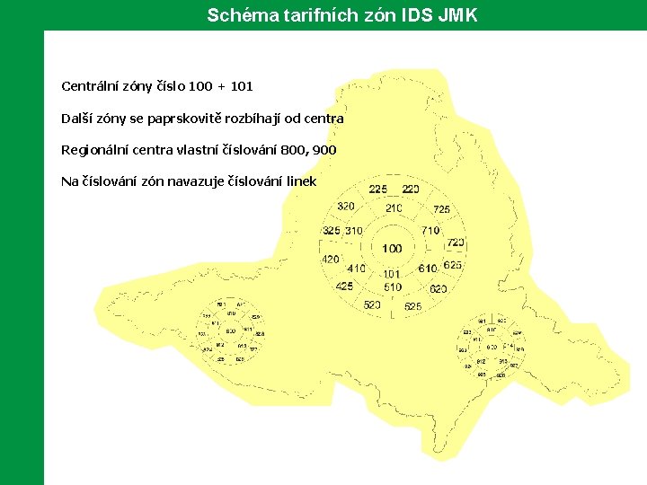 Schéma tarifních zón IDS JMK Centrální zóny číslo 100 + 101 Další zóny se