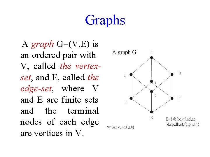 Graphs A graph G=(V, E) is an ordered pair with V, called the vertexset,