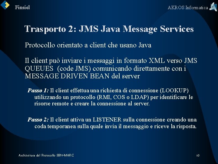 Finsiel AKROS Informatica Trasporto 2: JMS Java Message Services Protocollo orientato a client che