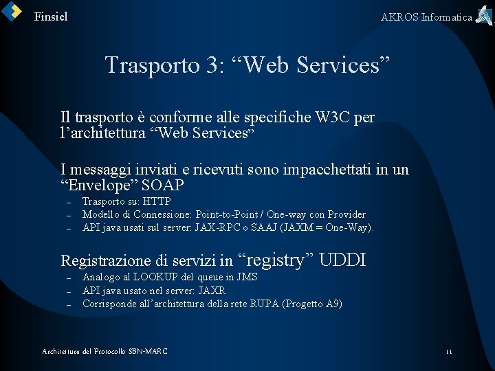 Finsiel AKROS Informatica Trasporto 3: “Web Services” Il trasporto è conforme alle specifiche W