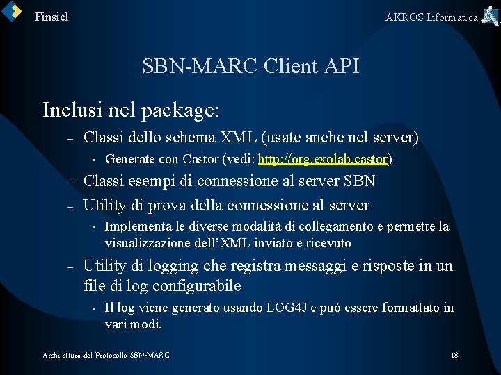 Finsiel AKROS Informatica SBN-MARC Client API Inclusi nel package: – Classi dello schema XML