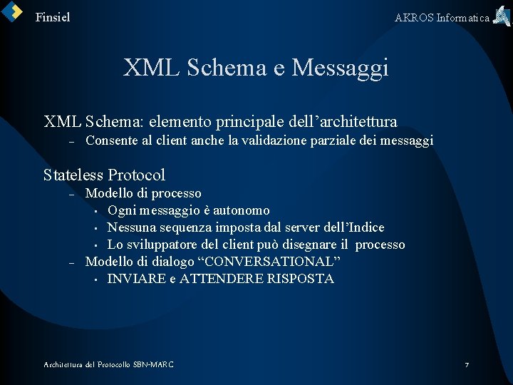 Finsiel AKROS Informatica XML Schema e Messaggi XML Schema: elemento principale dell’architettura – Consente
