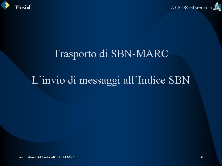 Finsiel AKROS Informatica Trasporto di SBN-MARC L’invio di messaggi all’Indice SBN Architettura del Protocollo