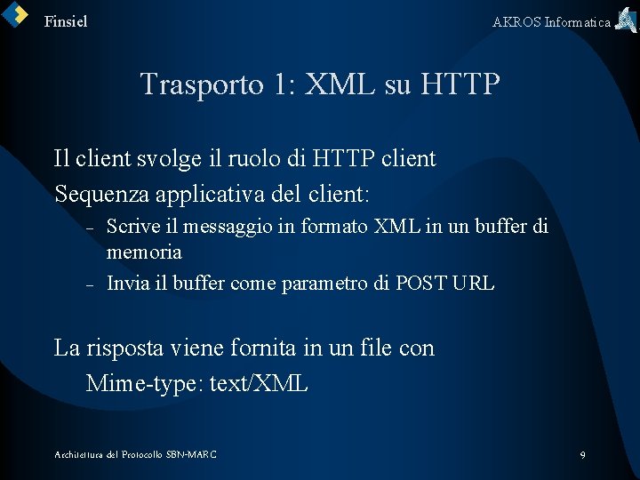 Finsiel AKROS Informatica Trasporto 1: XML su HTTP Il client svolge il ruolo di