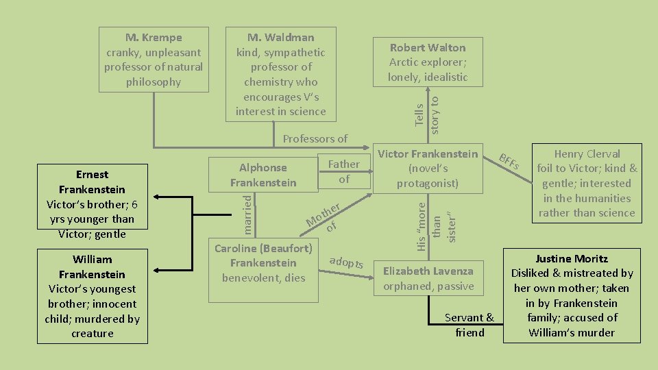 M. Waldman kind, sympathetic professor of chemistry who encourages V’s interest in science Professors