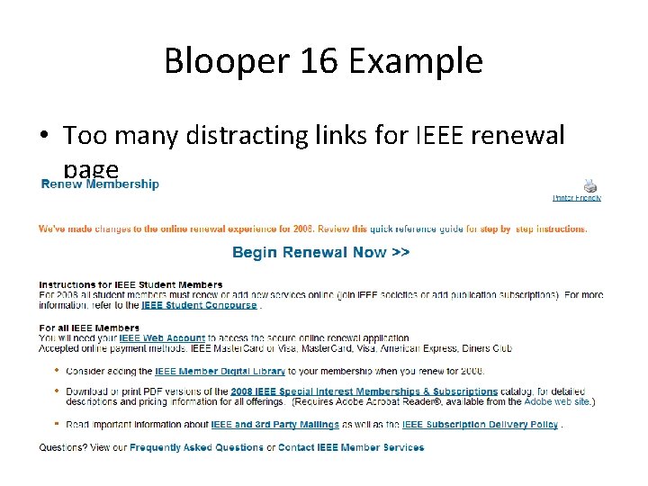 Blooper 16 Example • Too many distracting links for IEEE renewal page 