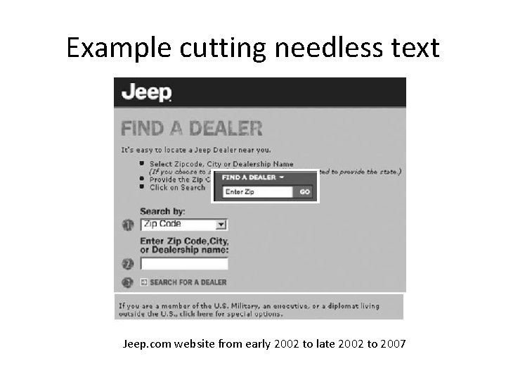 Example cutting needless text Jeep. com website from early 2002 to late 2002 to