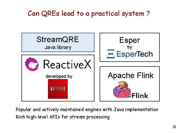 Can QREs lead to a practical system ? Stream. QRE Esper Java library developed