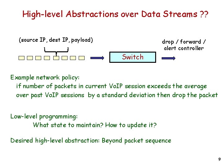 High-level Abstractions over Data Streams ? ? (source IP, dest IP, payload) drop /