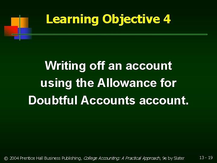 Learning Objective 4 Writing off an account using the Allowance for Doubtful Accounts account.