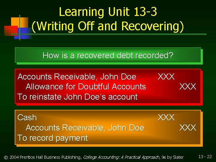 Learning Unit 13 -3 (Writing Off and Recovering) How is a recovered debt recorded?