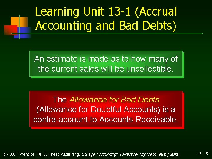Learning Unit 13 -1 (Accrual Accounting and Bad Debts) An estimate is made as