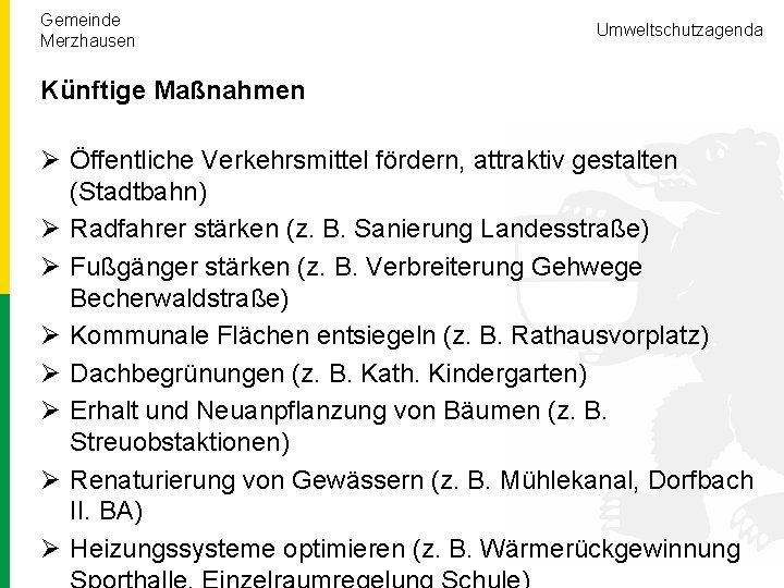 Gemeinde Merzhausen Umweltschutzagenda Künftige Maßnahmen Ø Öffentliche Verkehrsmittel fördern, attraktiv gestalten (Stadtbahn) Ø Radfahrer