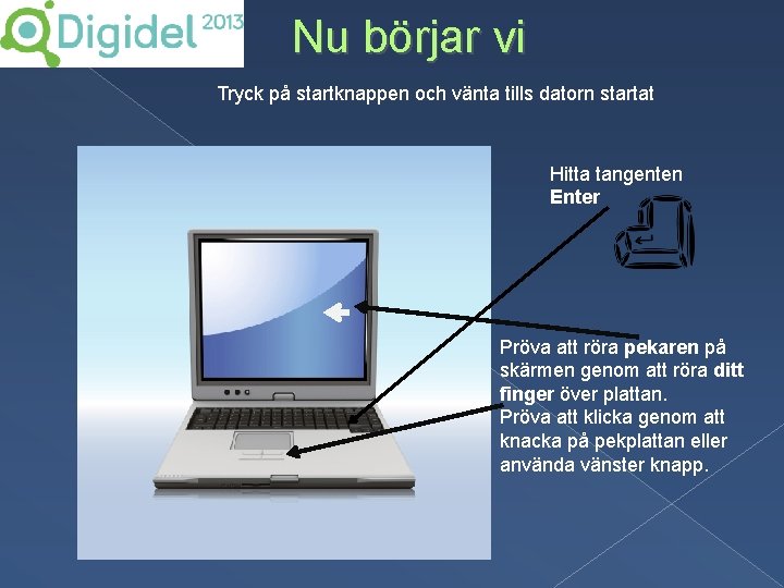 Nu börjar vi Tryck på startknappen och vänta tills datorn startat Hitta tangenten Enter