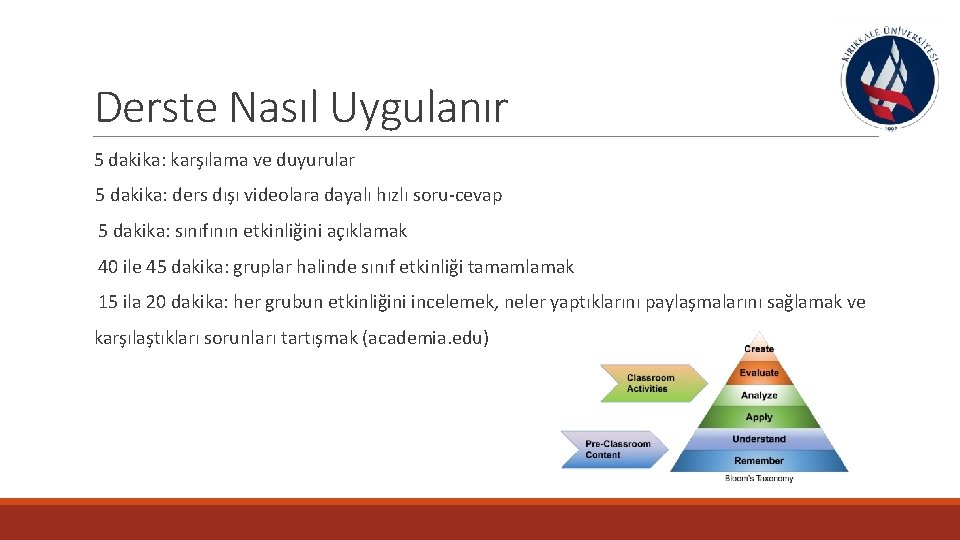 Derste Nasıl Uygulanır 5 dakika: karşılama ve duyurular 5 dakika: ders dışı videolara dayalı