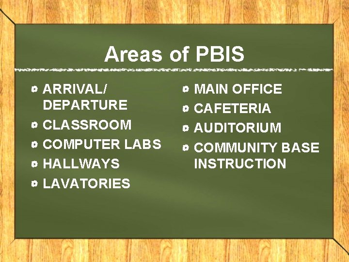 Areas of PBIS ARRIVAL/ DEPARTURE CLASSROOM COMPUTER LABS HALLWAYS LAVATORIES MAIN OFFICE CAFETERIA AUDITORIUM