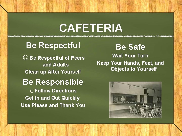 CAFETERIA Be Respectful ☺Be Respectful of Peers and Adults Clean up After Yourself Be