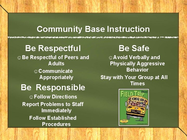 Community Base Instruction Be Respectful Be Safe ☺Be Respectful of Peers and Adults ☺Communicate