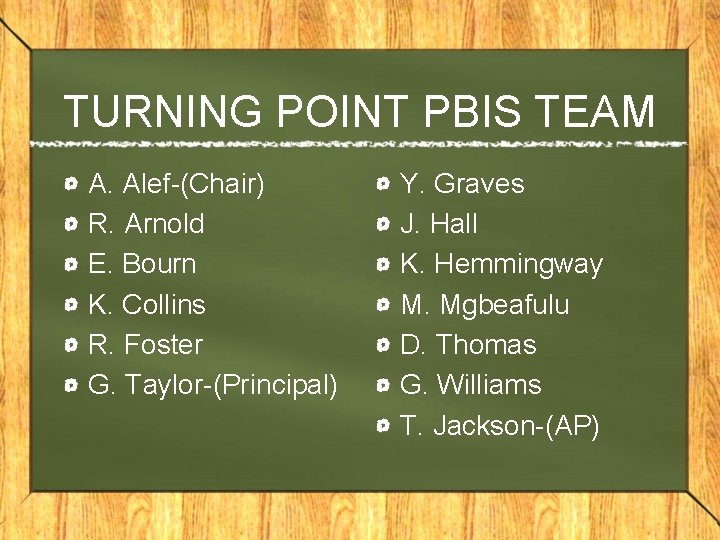 TURNING POINT PBIS TEAM A. Alef-(Chair) R. Arnold E. Bourn K. Collins R. Foster