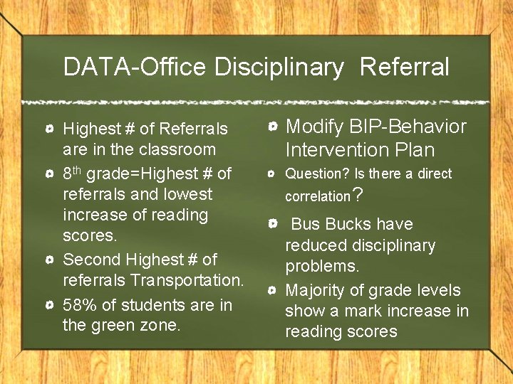 DATA-Office Disciplinary Referral Highest # of Referrals are in the classroom 8 th grade=Highest