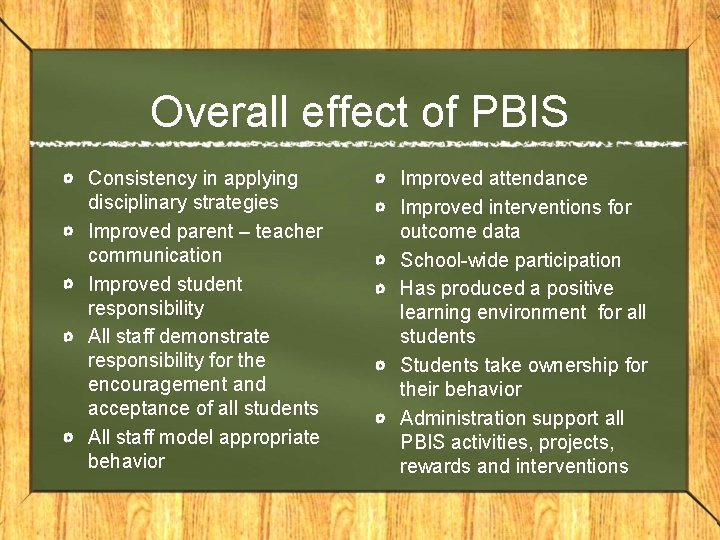 Overall effect of PBIS Consistency in applying disciplinary strategies Improved parent – teacher communication