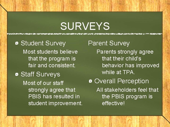 SURVEYS Student Survey Most students believe that the program is fair and consistent. Staff