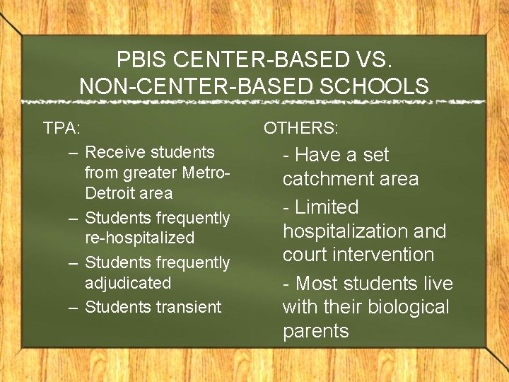 PBIS CENTER-BASED VS. NON-CENTER-BASED SCHOOLS TPA: – Receive students from greater Metro. Detroit area