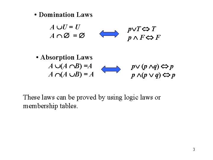  • Domination Laws A U = U A = • Absorption Laws A