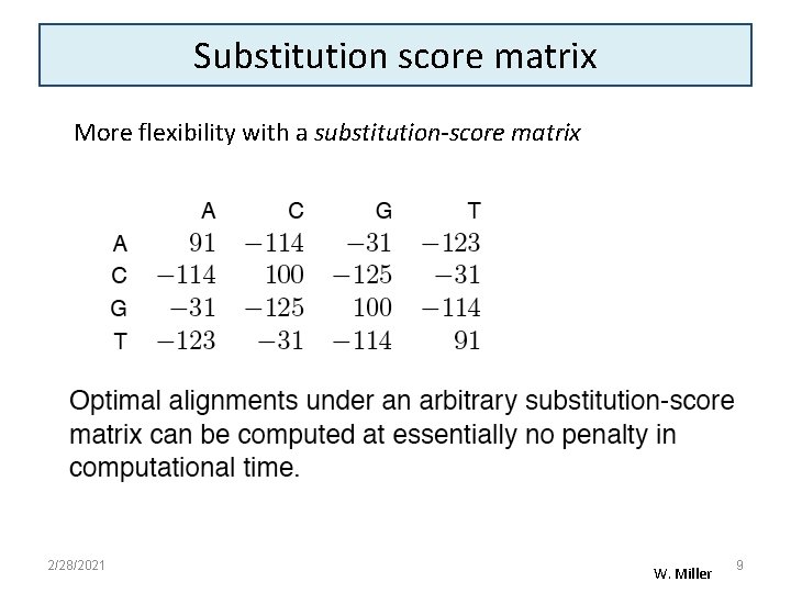Substitution score matrix More flexibility with a substitution-score matrix 2/28/2021 W. Miller 9 