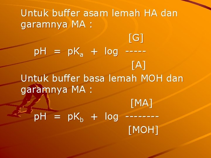 Untuk buffer asam lemah HA dan garamnya MA : [G] p. H = p.