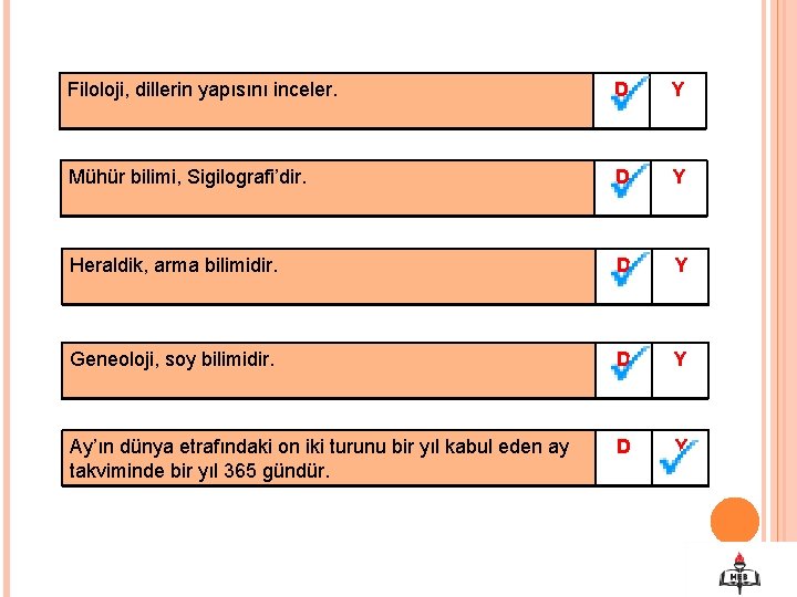 Filoloji, dillerin yapısını inceler. D Y Mühür bilimi, Sigilografi’dir. D Y Heraldik, arma bilimidir.