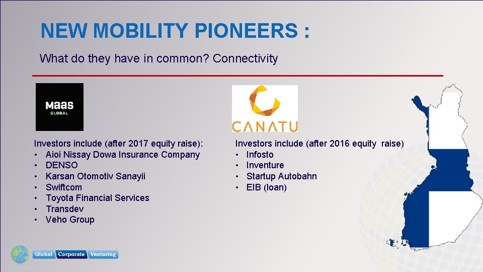 NEW MOBILITY PIONEERS : What do they have in common? Connectivity Investors include (after