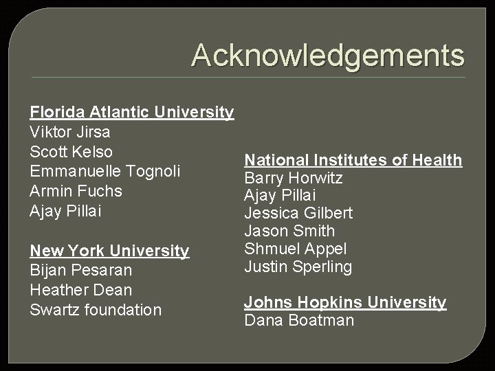 Acknowledgements Florida Atlantic University Viktor Jirsa Scott Kelso Emmanuelle Tognoli Armin Fuchs Ajay Pillai