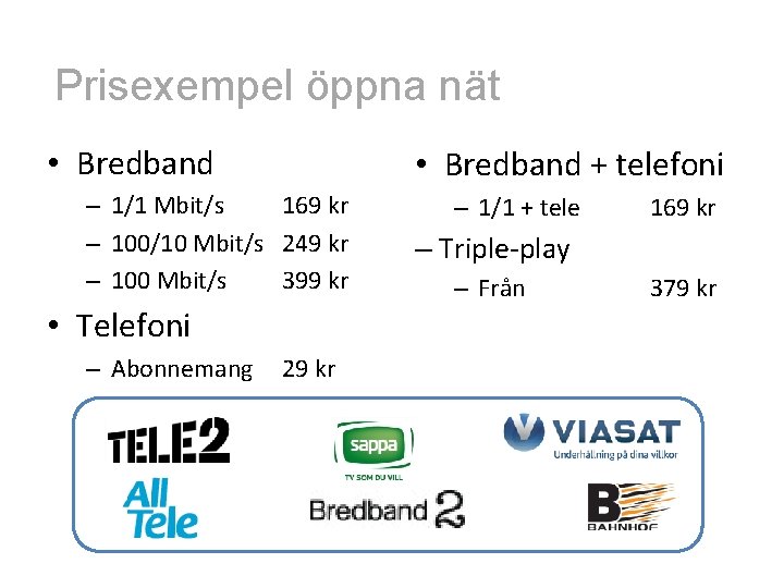 Prisexempel öppna nät • Bredband + telefoni – 1/1 Mbit/s 169 kr – 100/10