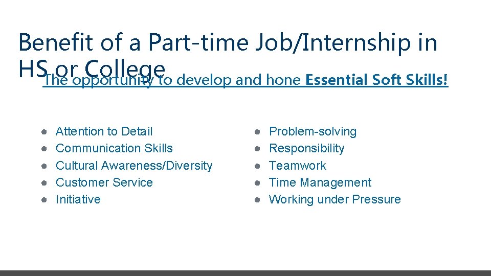 Benefit of a Part-time Job/Internship in HSThe oropportunity Collegeto develop and hone Essential Soft