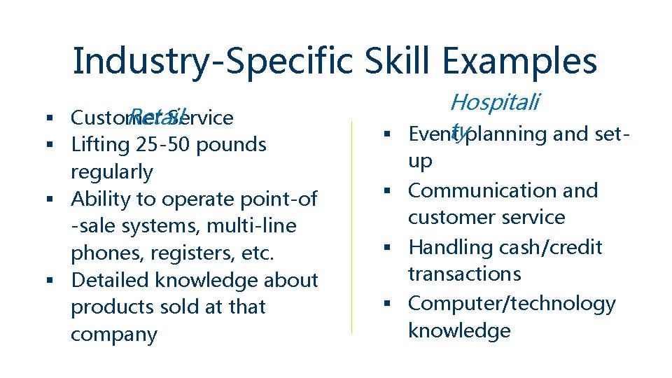 Industry-Specific Skill Examples Retail § Customer Service § Lifting 25 -50 pounds regularly §