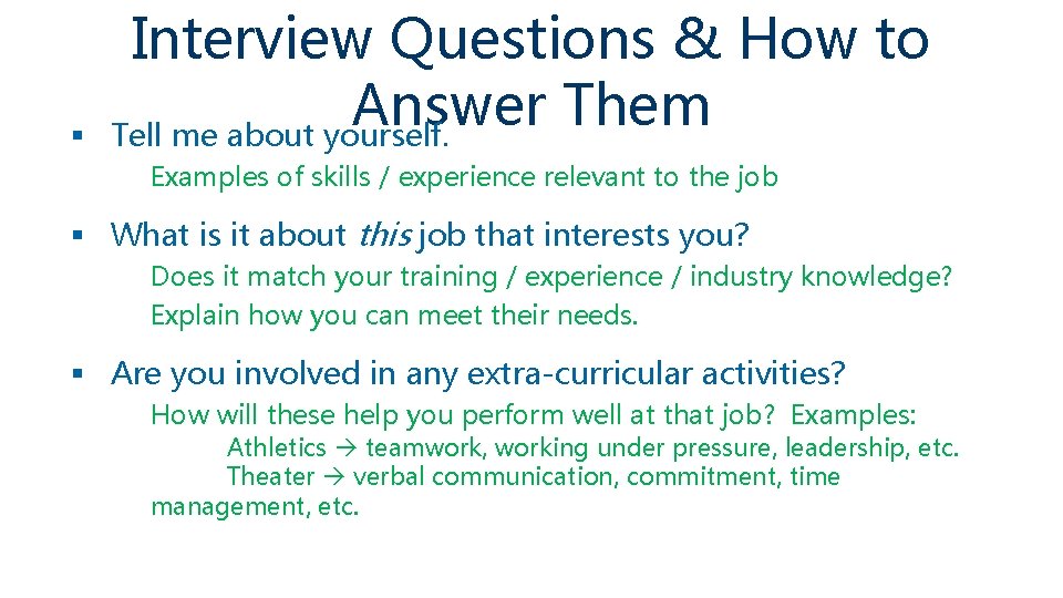 § Interview Questions & How to Answer Them Tell me about yourself. Examples of