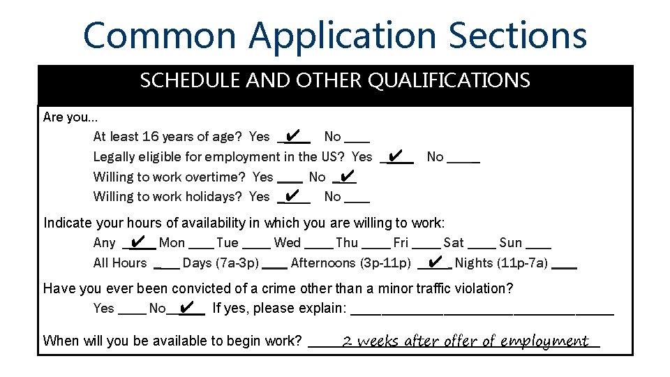 Common Application Sections SCHEDULE AND OTHER QUALIFICATIONS Are you… At least 16 years of