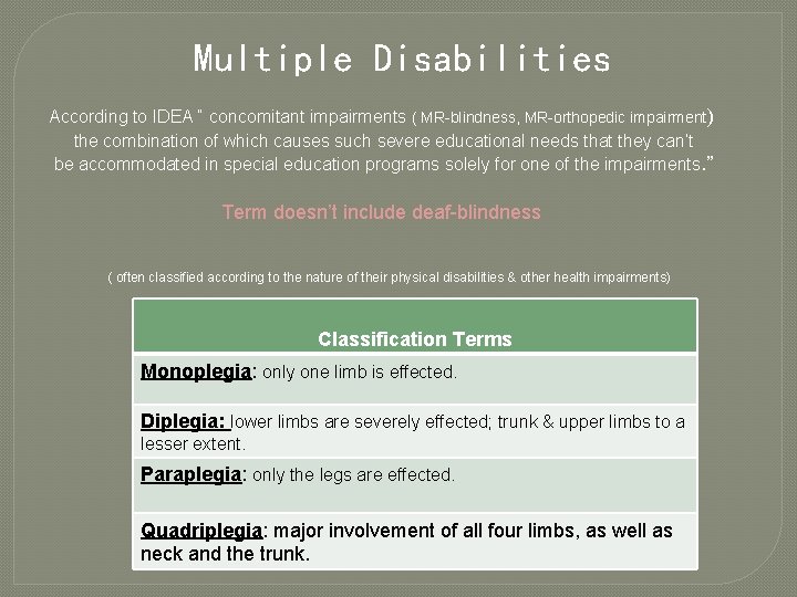 Multiple Disabilities According to IDEA “ concomitant impairments ( MR-blindness, MR-orthopedic impairment) the combination