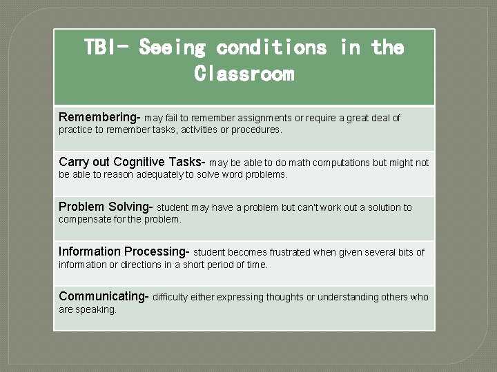TBI- Seeing conditions in the Classroom Remembering- may fail to remember assignments or require