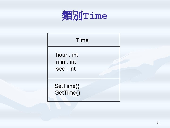 類別Time hour : int min : int sec : int Set. Time() Get. Time()